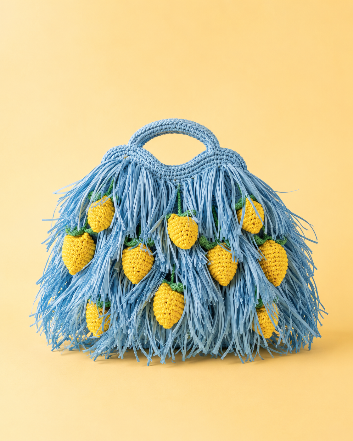 Fringed Raffia Tote Bag with Hand-Crocheted Lemon Accents