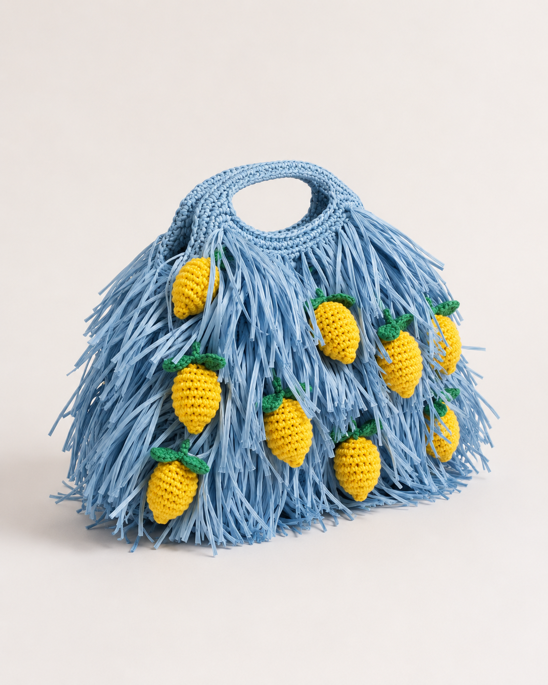 Fringed Raffia Tote Bag with Hand-Crocheted Lemon Accents