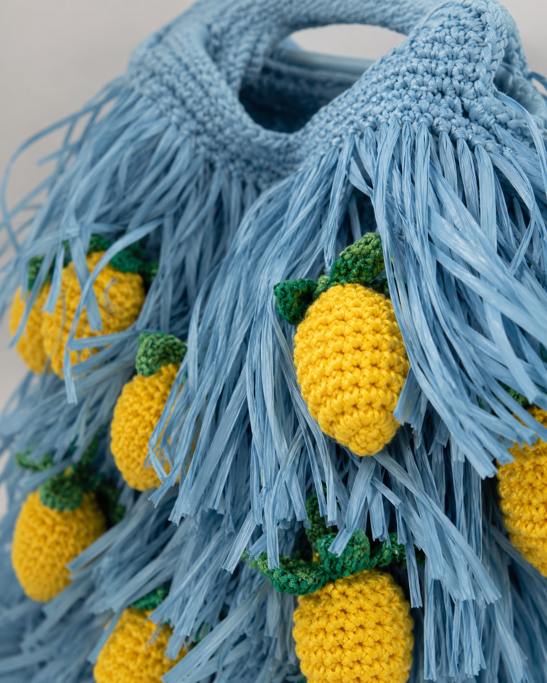 Fringed Raffia Tote Bag with Hand-Crocheted Lemon Accents
