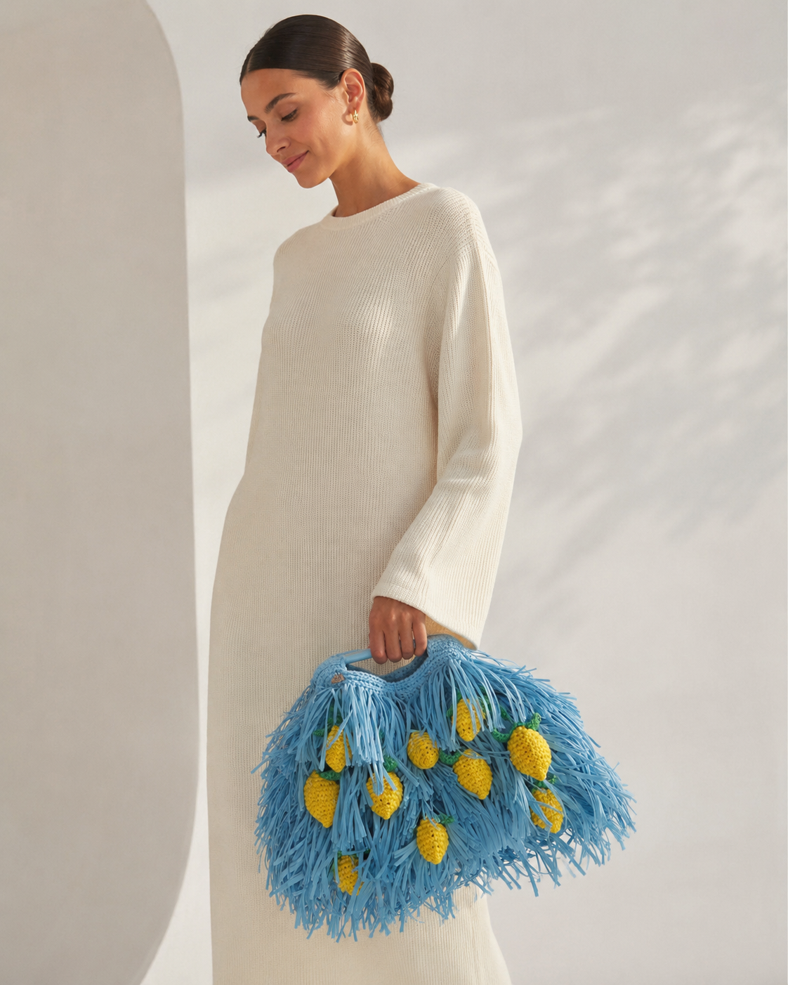 Fringed Raffia Tote Bag with Hand-Crocheted Lemon Accents