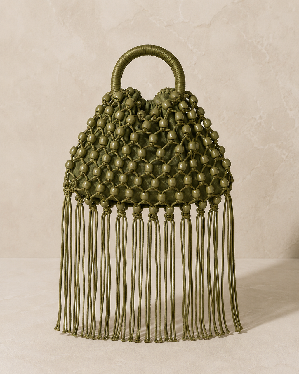 Macramé Beaded Pouch Bag with Extra-Long Cascading Fringe