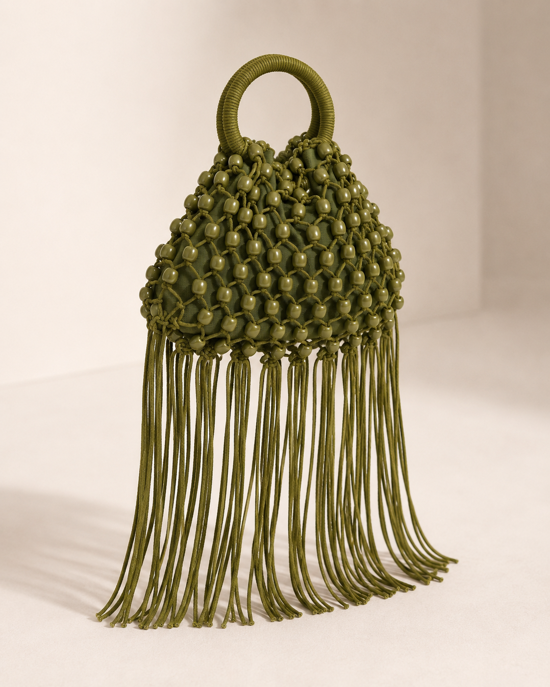 Macramé Beaded Pouch Bag with Extra-Long Cascading Fringe