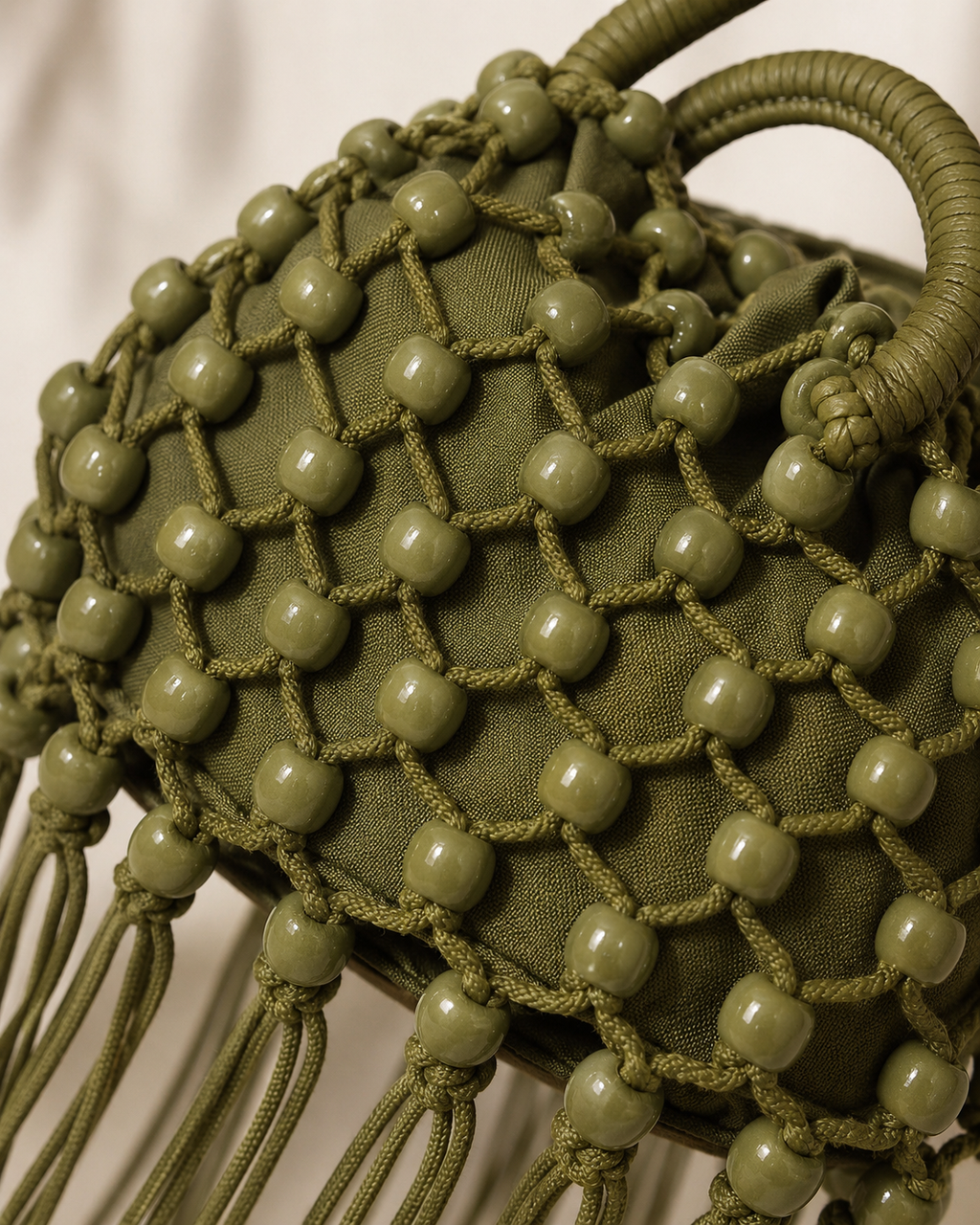 Macramé Beaded Pouch Bag with Extra-Long Cascading Fringe
