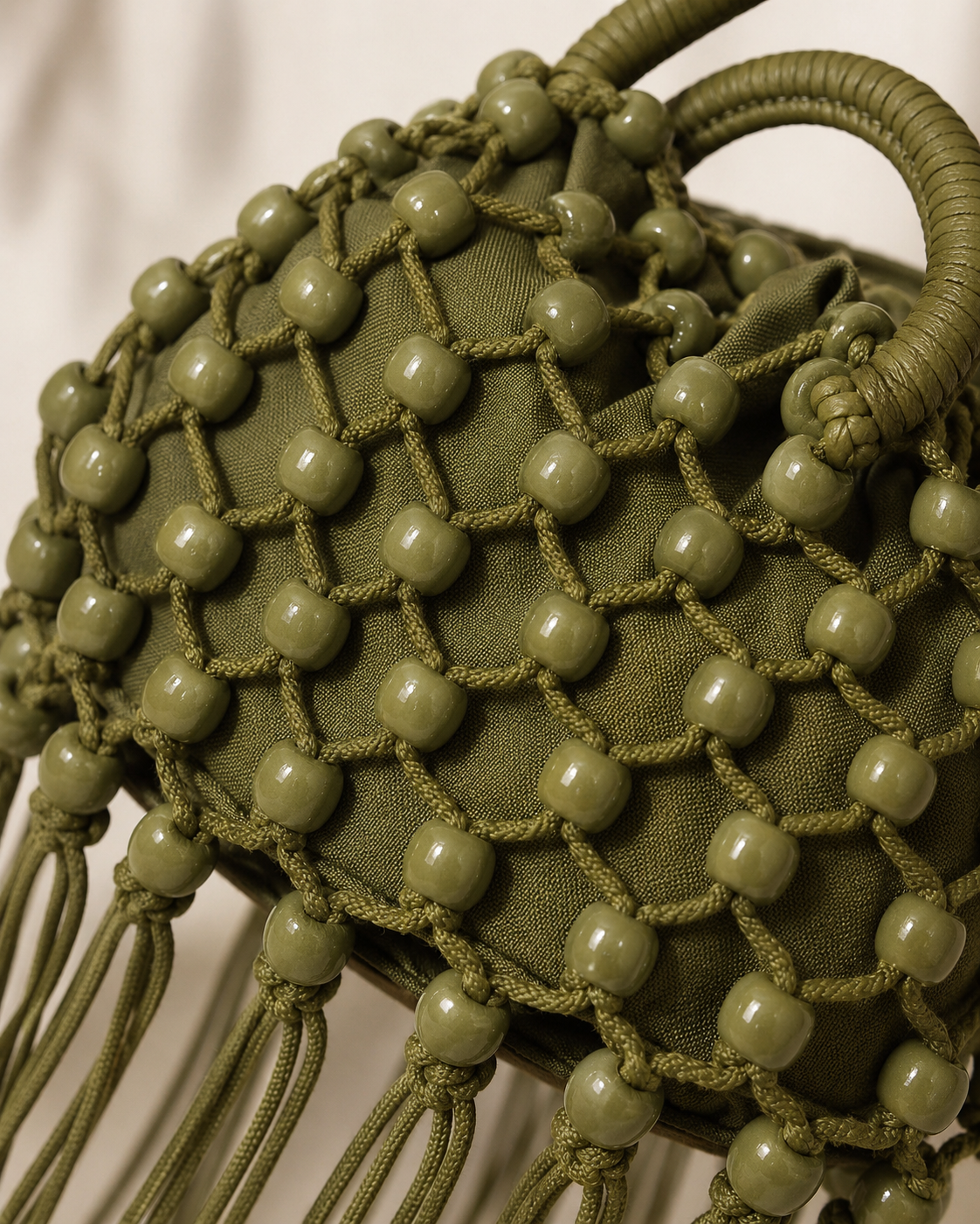 Macramé Beaded Pouch Bag with Extra-Long Cascading Fringe