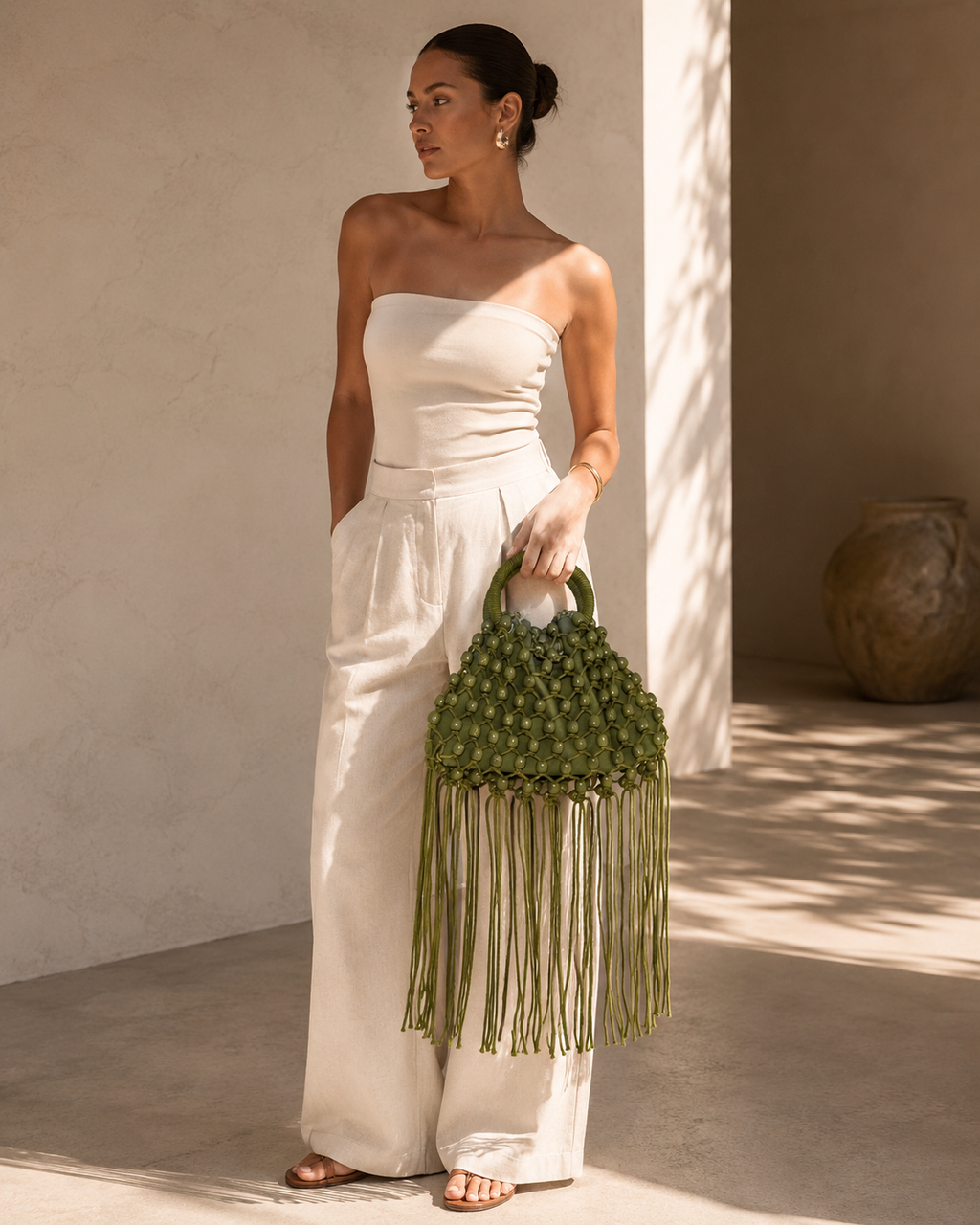 Macramé Beaded Pouch Bag with Extra-Long Cascading Fringe