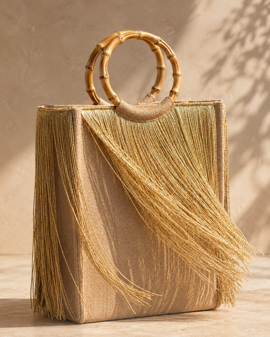 Structured Jute Tote Bag with Metallic Gold Fringe and Bamboo Handles