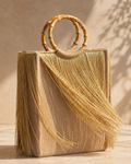 Structured Jute Tote Bag with Metallic Gold Fringe and Bamboo Handles
