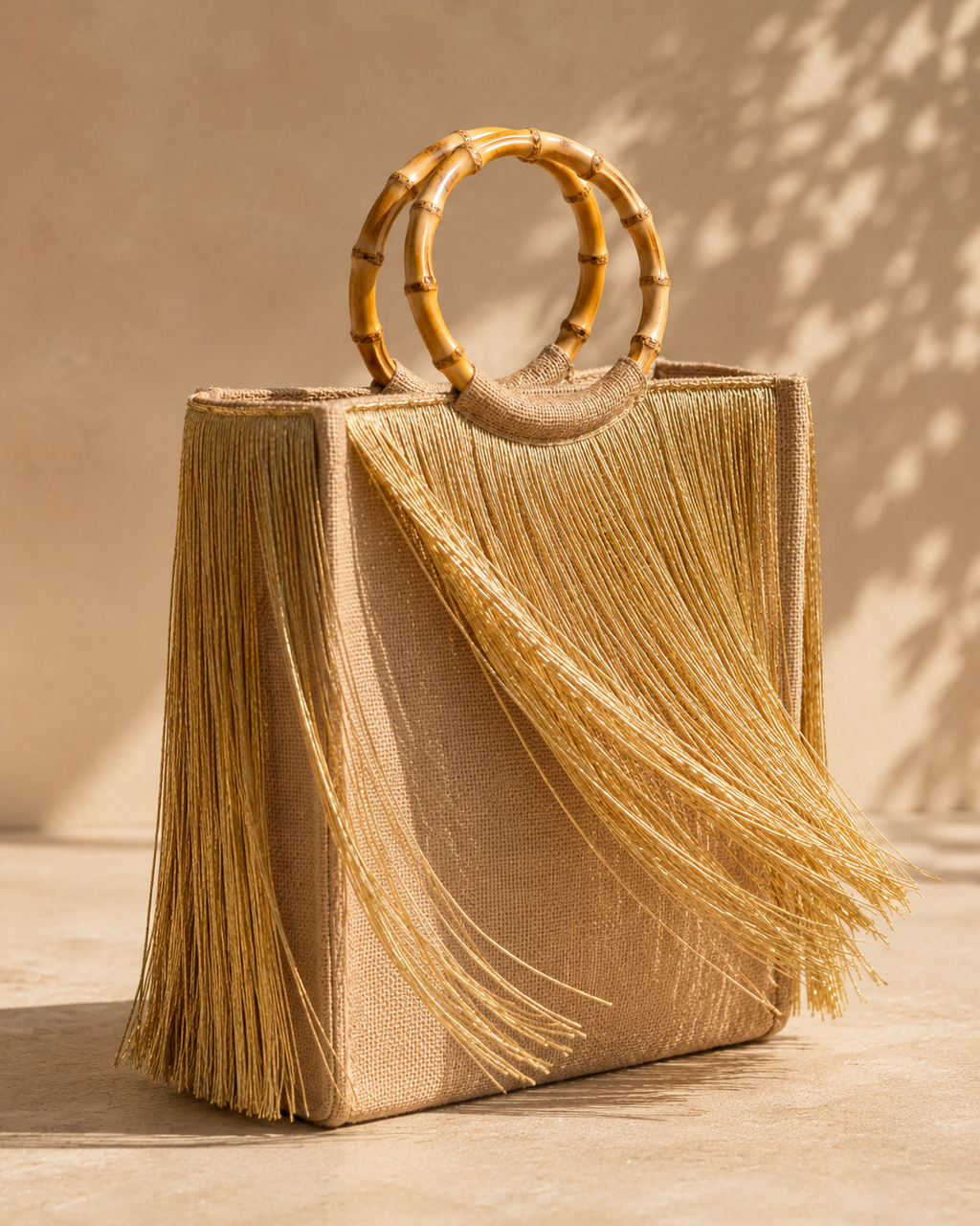 Structured Jute Tote Bag with Metallic Gold Fringe and Bamboo Handles