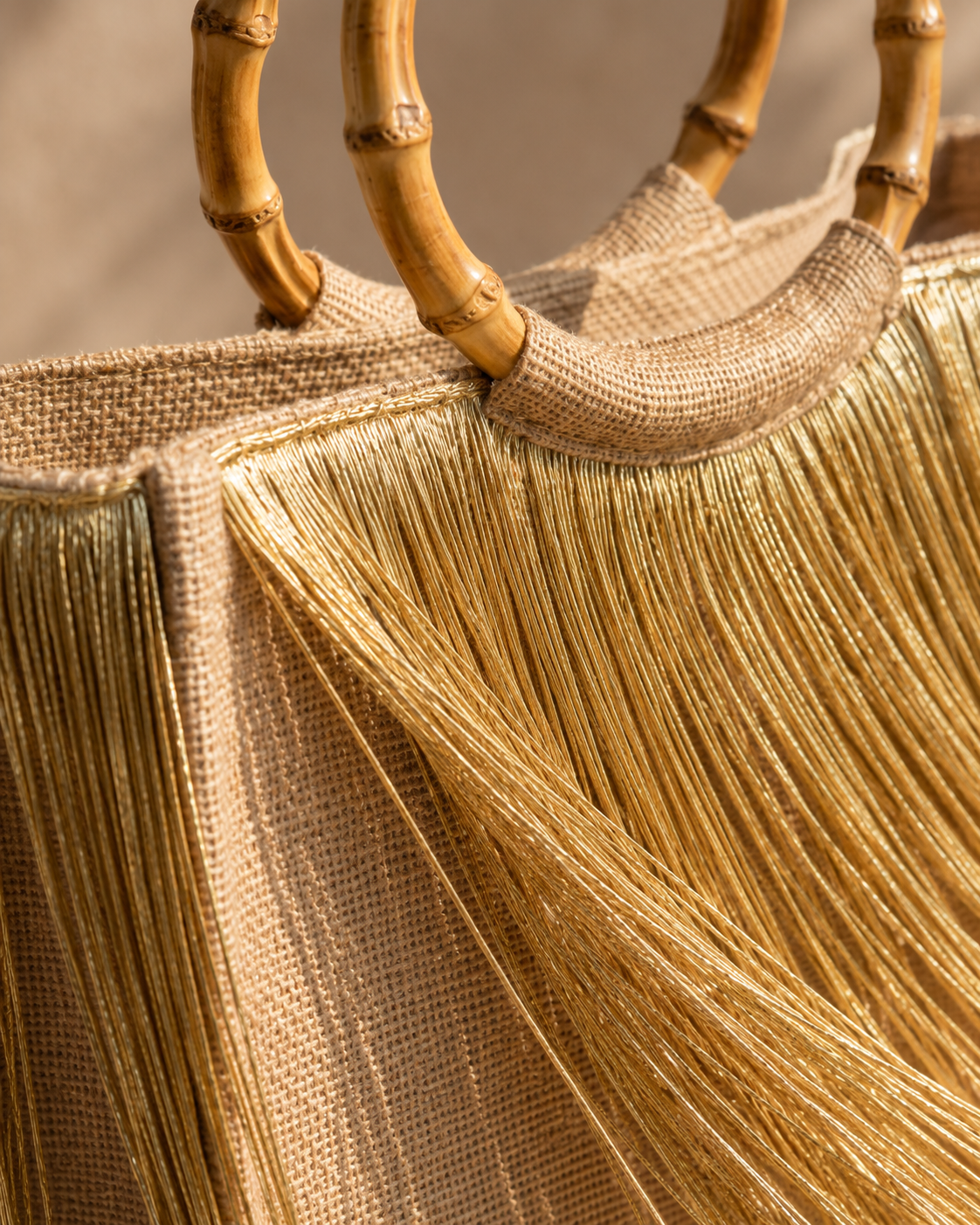 Structured Jute Tote Bag with Metallic Gold Fringe and Bamboo Handles