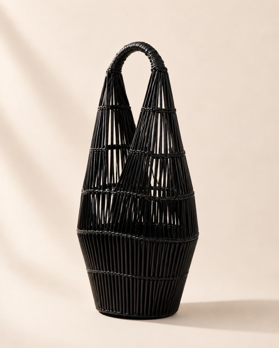 Sculptural High-Gloss Architectural Basket Bag in Piano Black