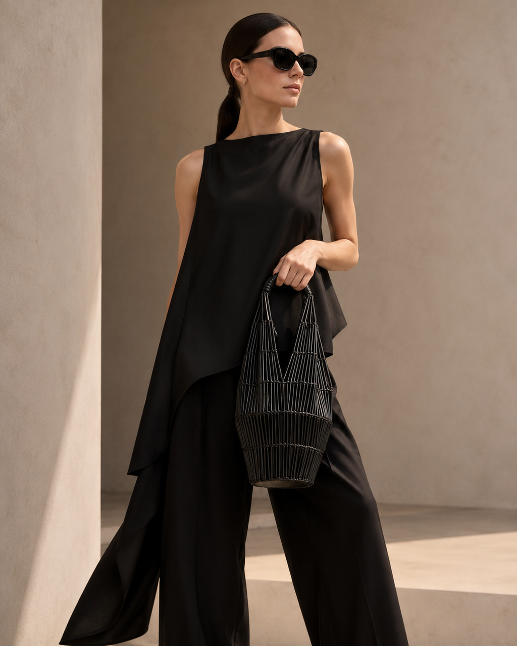 Sculptural High-Gloss Architectural Basket Bag in Piano Black