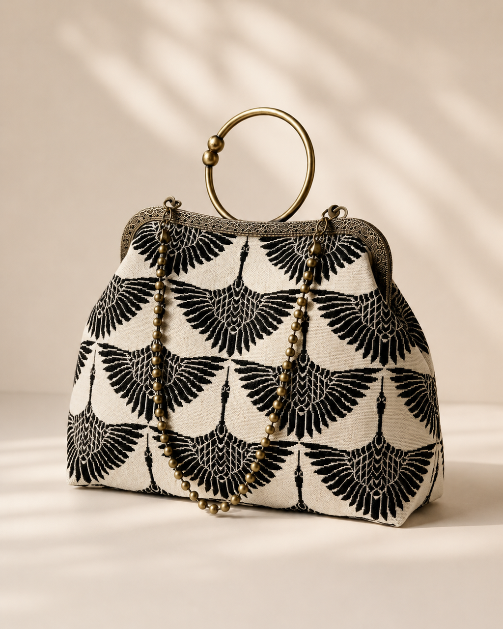 Crane Jacquard Clasp Handbag with Antique Brass O-Ring Handle