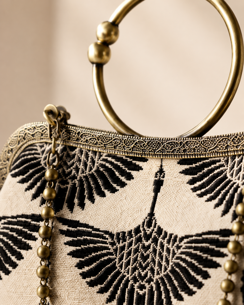 Crane Jacquard Clasp Handbag with Antique Brass O-Ring Handle