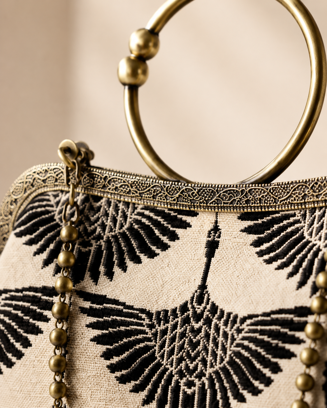 Crane Jacquard Clasp Handbag with Antique Brass O-Ring Handle
