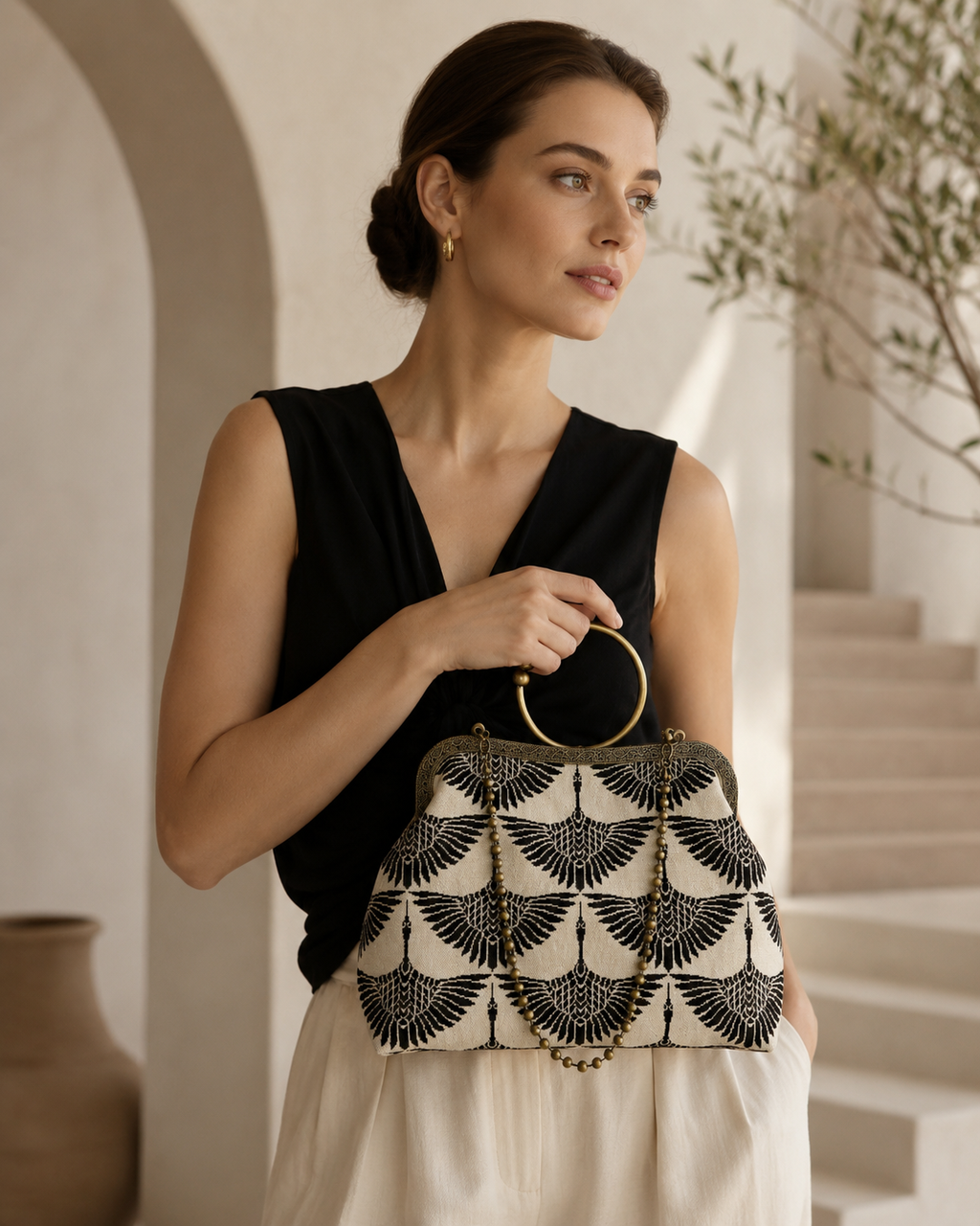 Crane Jacquard Clasp Handbag with Antique Brass O-Ring Handle