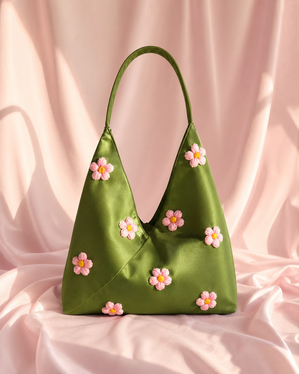 Blossom Satin Slouchy Hobo Bag in Olive Green