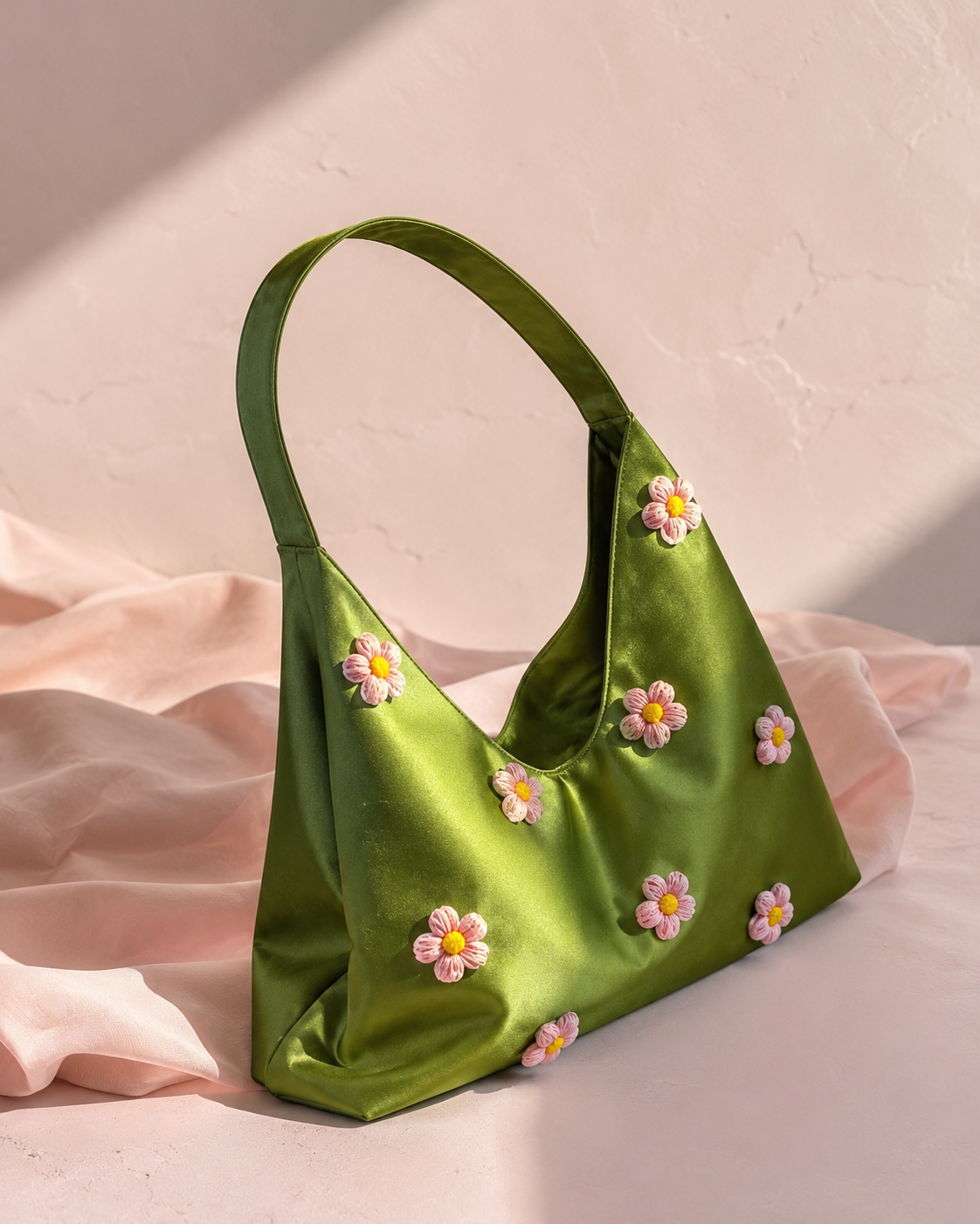 Blossom Satin Slouchy Hobo Bag in Olive Green
