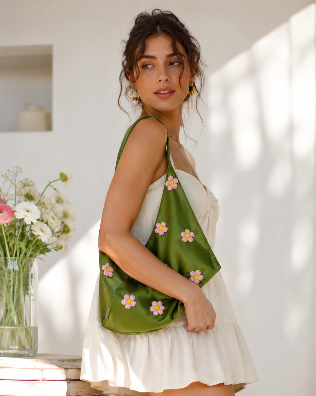 Blossom Satin Slouchy Hobo Bag in Olive Green