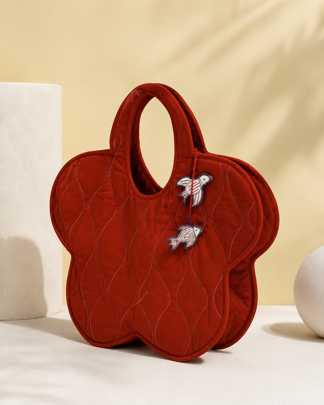 Blossom Quilted Canvas Tote Bag in Terracotta Red