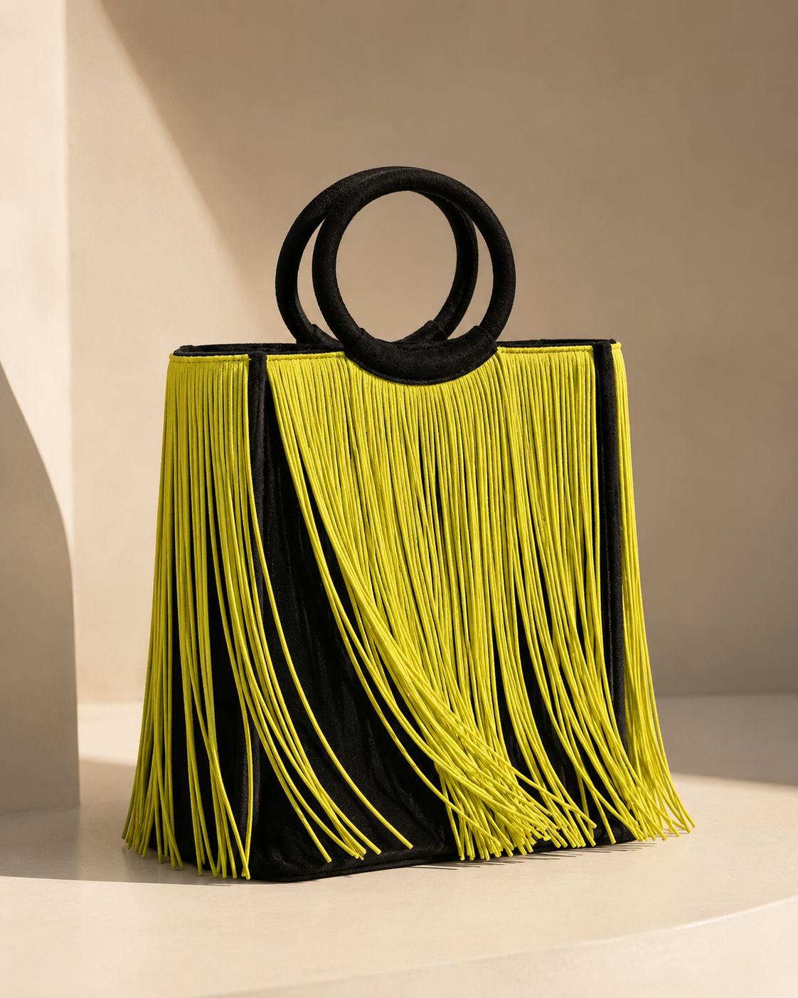 Fringe Canvas Tote Bag in Neon Lime & Matt Black