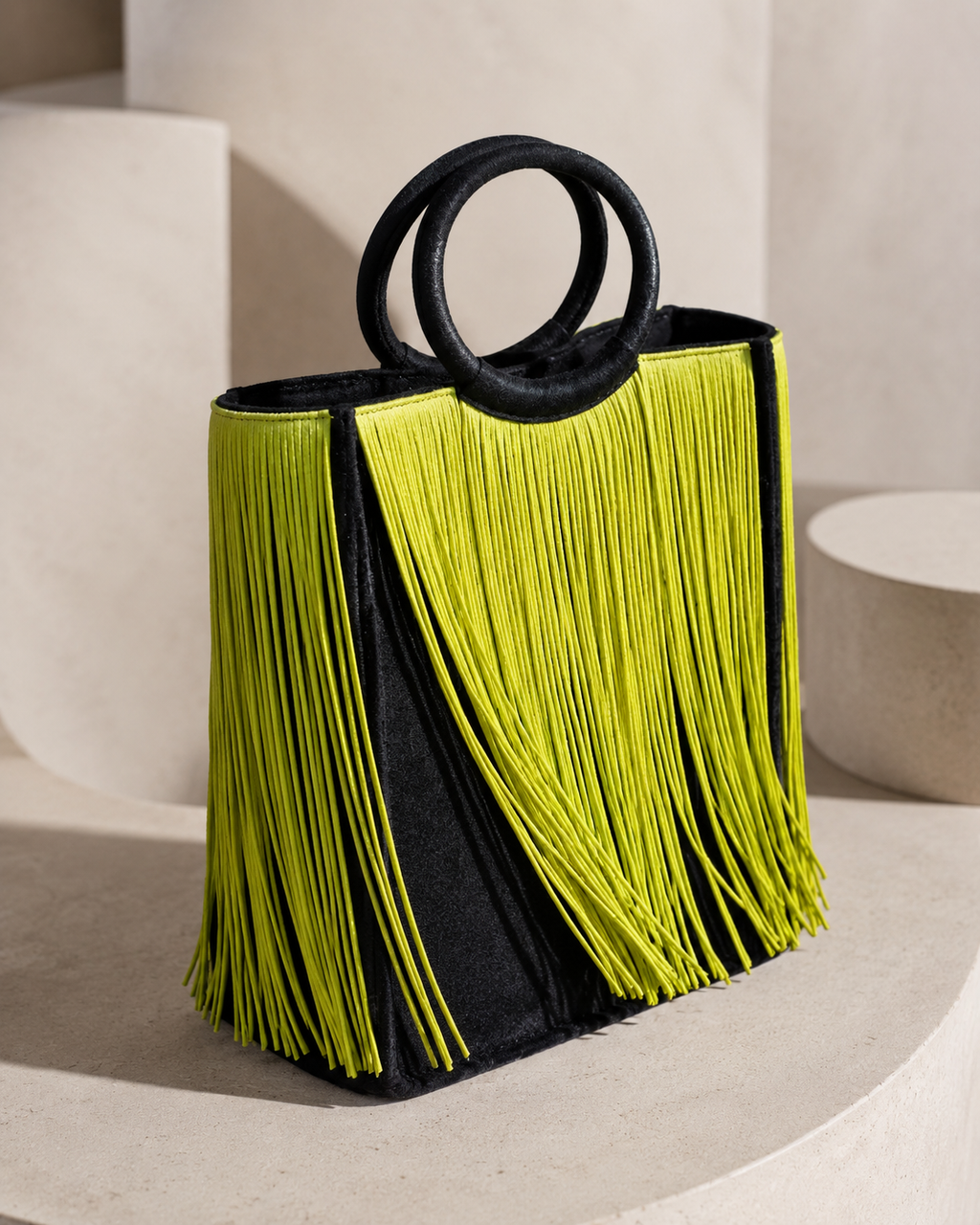 Fringe Canvas Tote Bag in Neon Lime & Matt Black