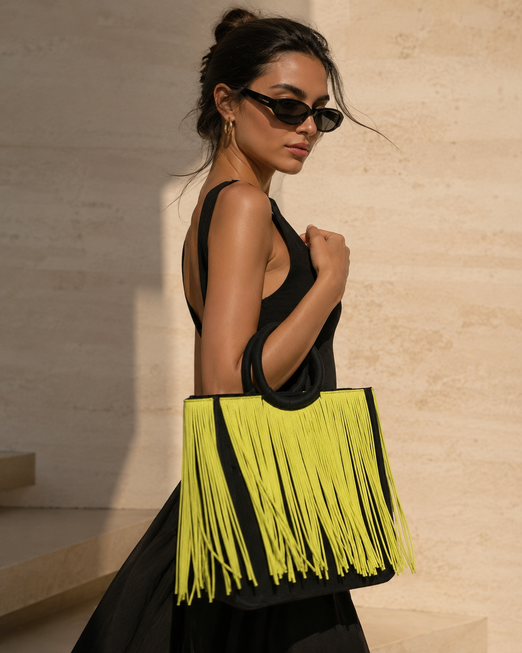 Fringe Canvas Tote Bag in Neon Lime & Matt Black