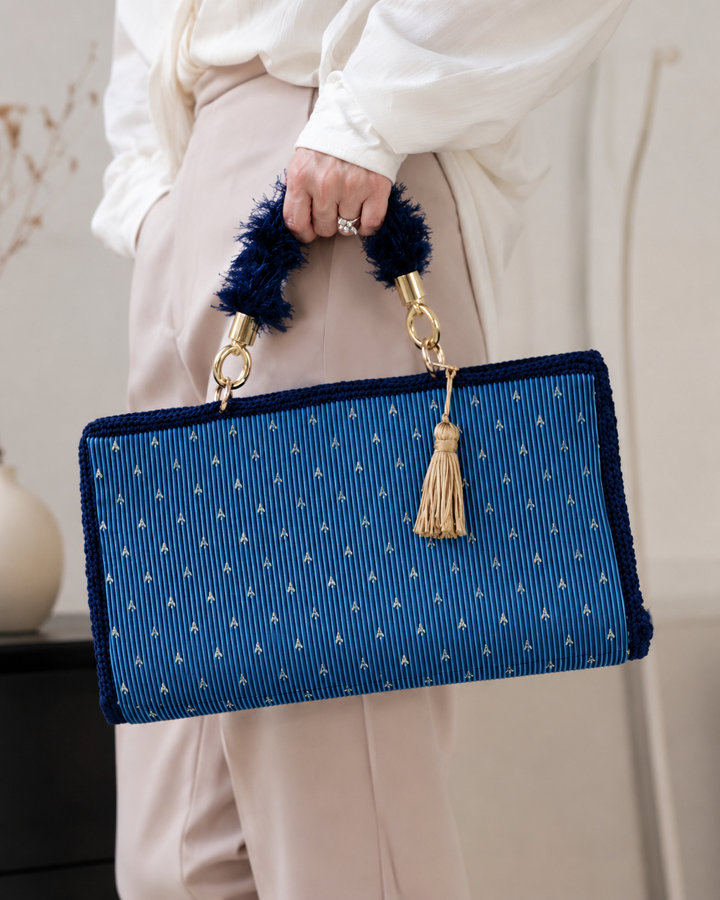 Riviera Pleated Top-Handle Bag in Ocean Blue & Navy