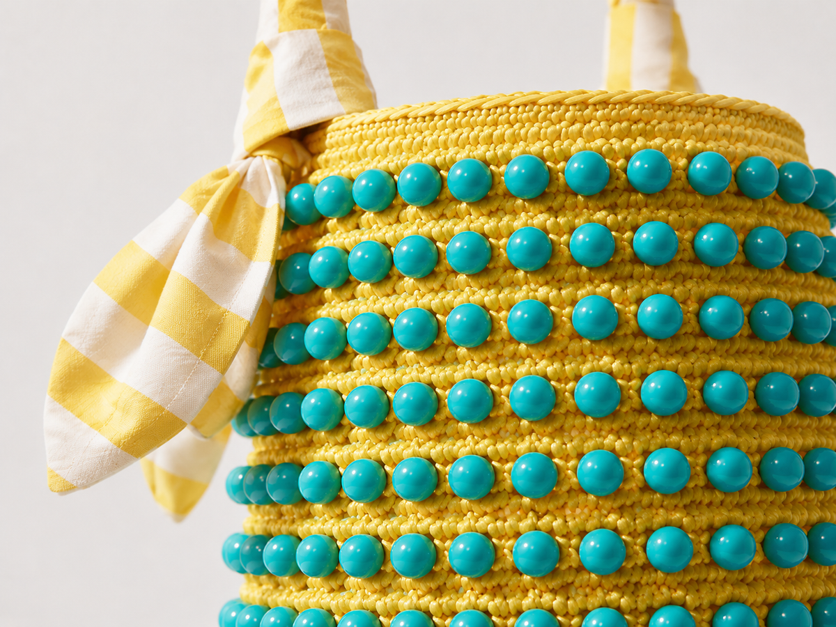 Capri Beaded Crochet Bucket Bag with Striped Ribbon Handle