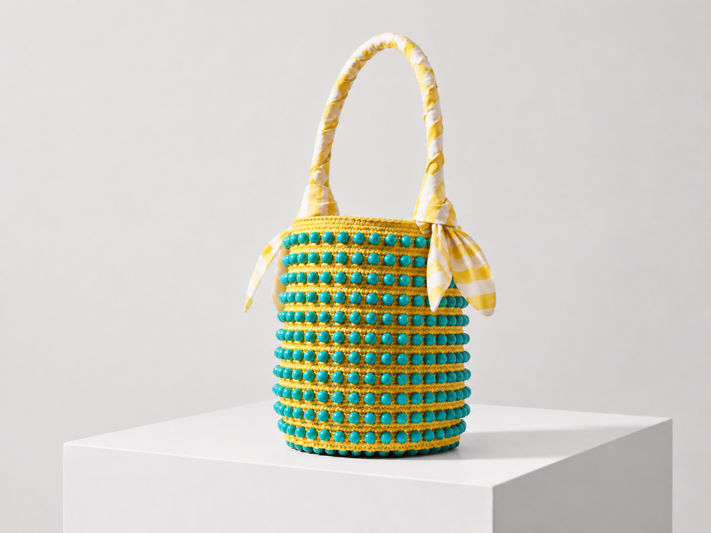 Capri Beaded Crochet Bucket Bag with Striped Ribbon Handle
