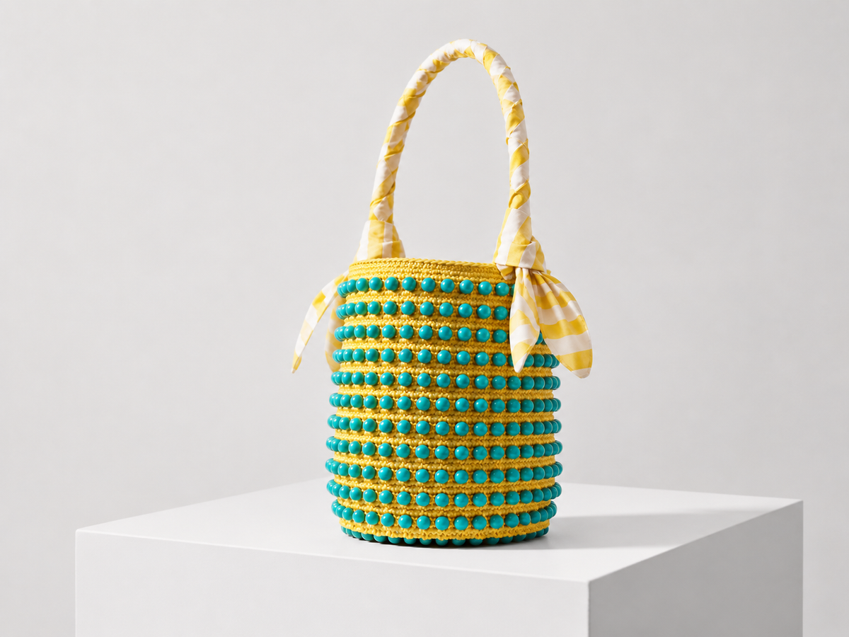 Capri Beaded Crochet Bucket Bag with Striped Ribbon Handle