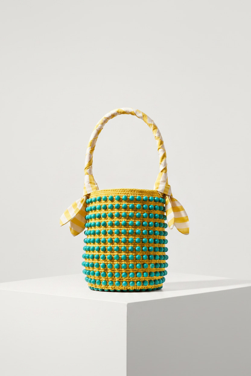 Capri Beaded Crochet Bucket Bag with Striped Ribbon Handle
