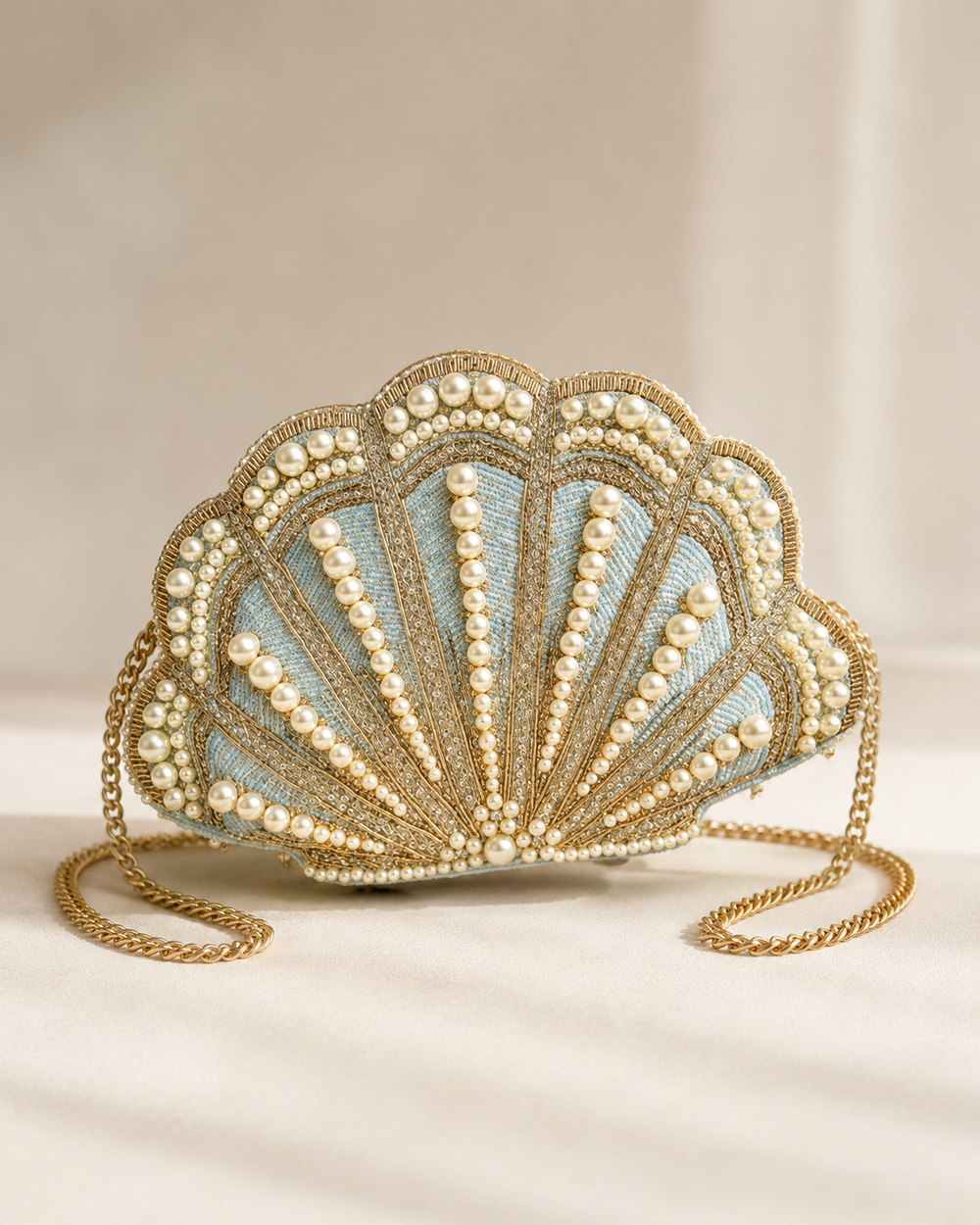 Siren Sea-Shell Embellished Pearl Clutch Bag in Pastel Blue & Gold