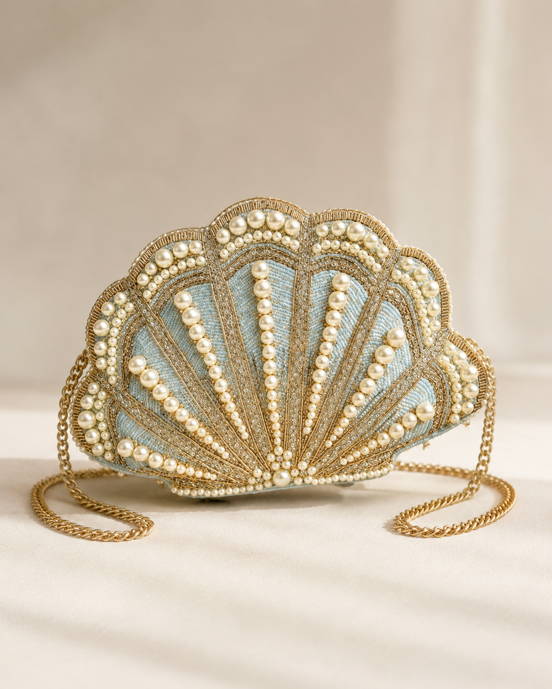 Siren Sea-Shell Embellished Pearl Clutch Bag in Pastel Blue & Gold
