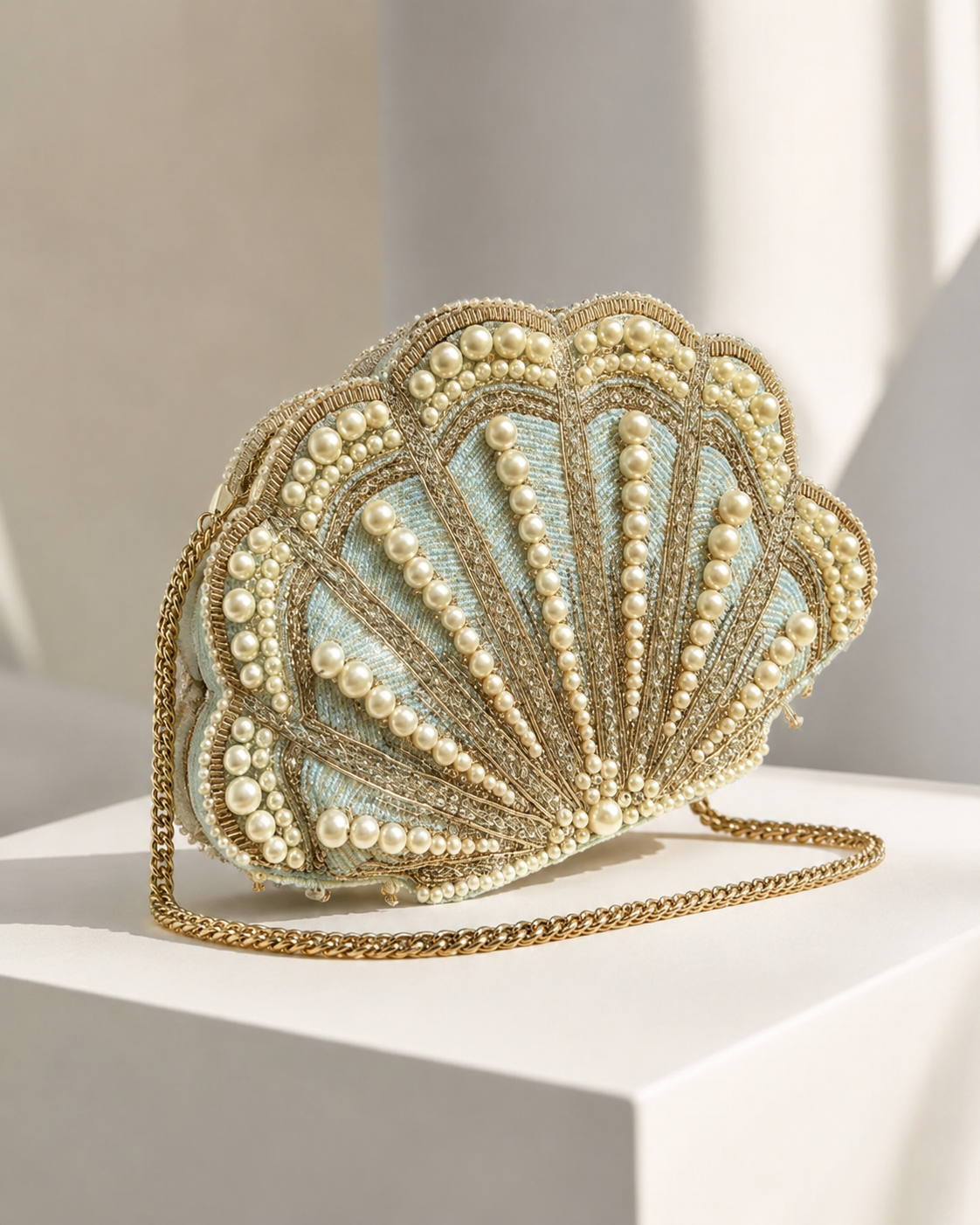 Siren Sea-Shell Embellished Pearl Clutch Bag in Pastel Blue & Gold