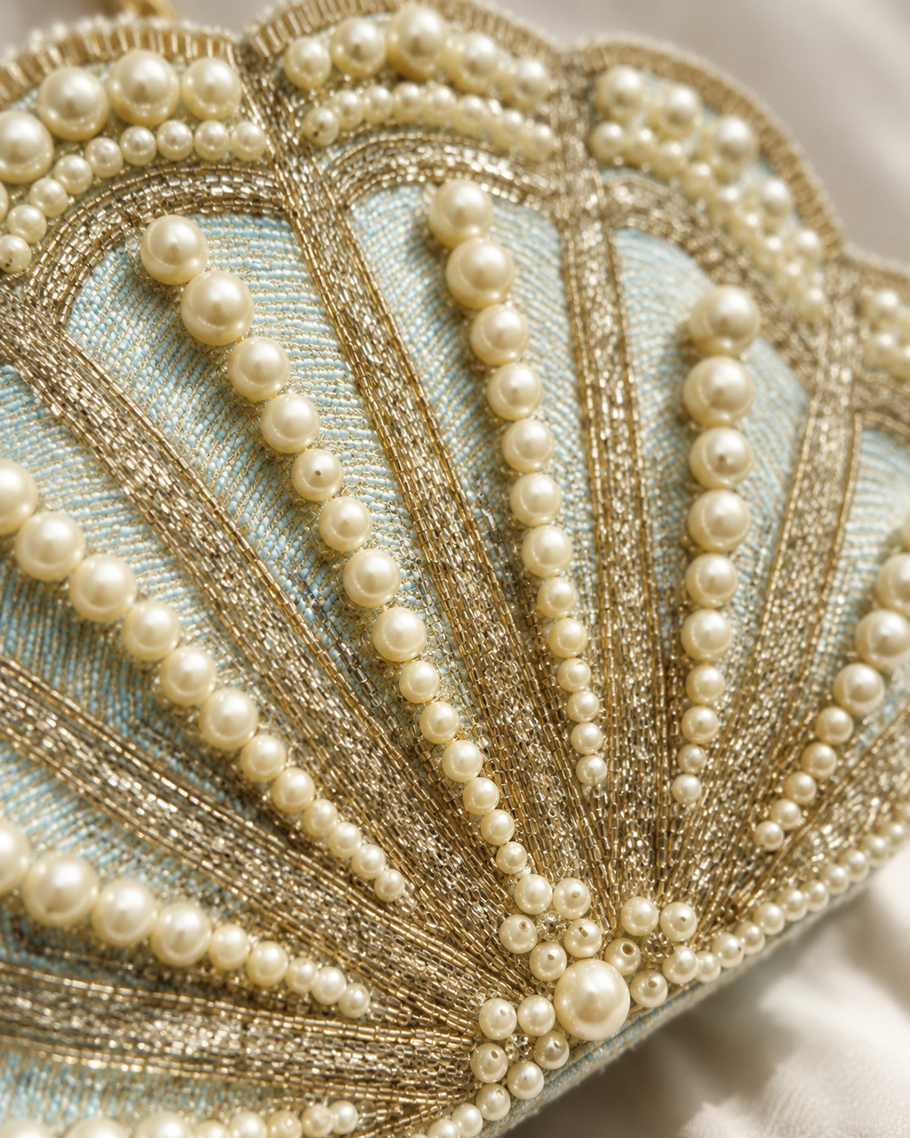 Siren Sea-Shell Embellished Pearl Clutch Bag in Pastel Blue & Gold