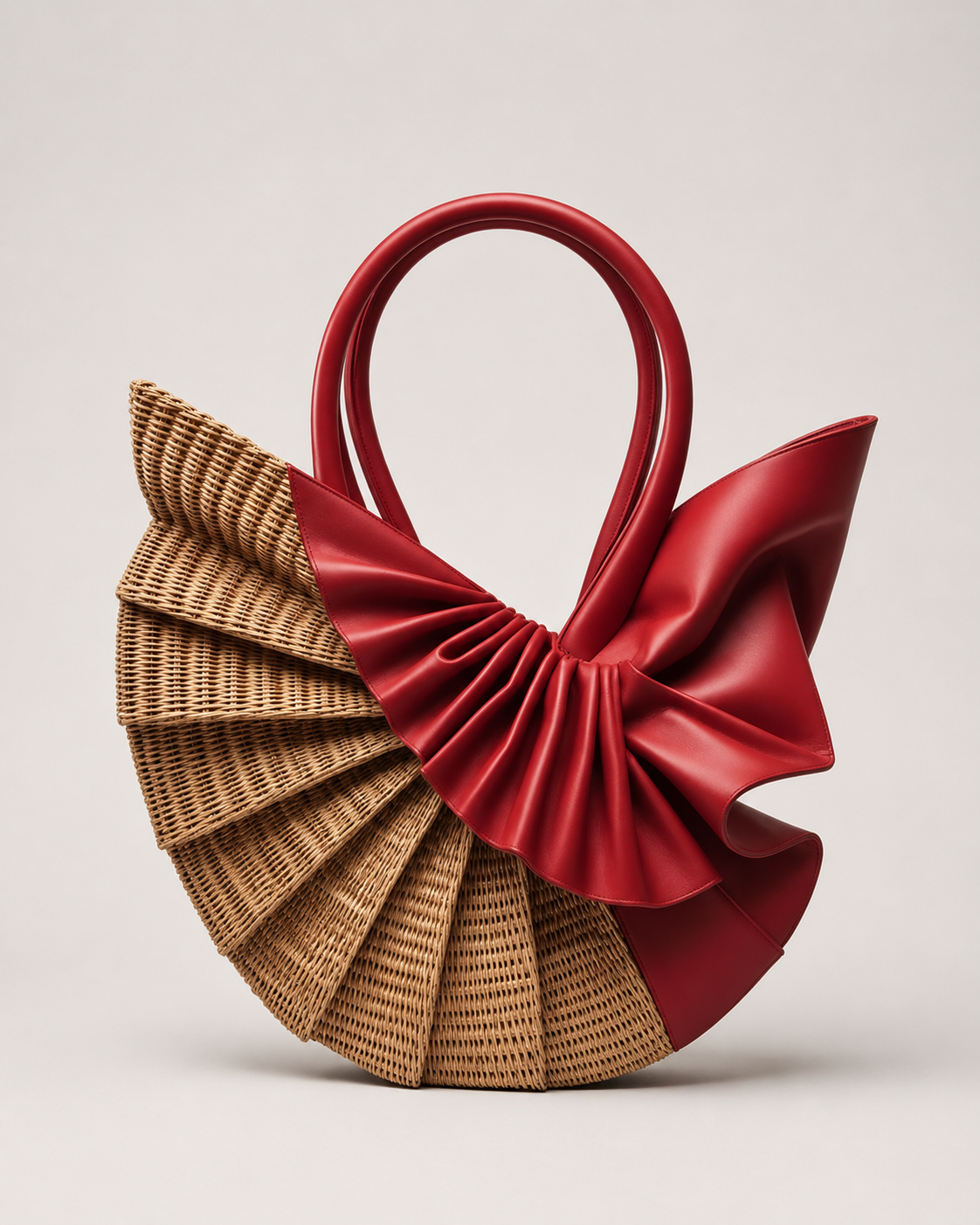 Fan Sculpted Straw Tote Bag with Pleated Scarlet Leather Accent