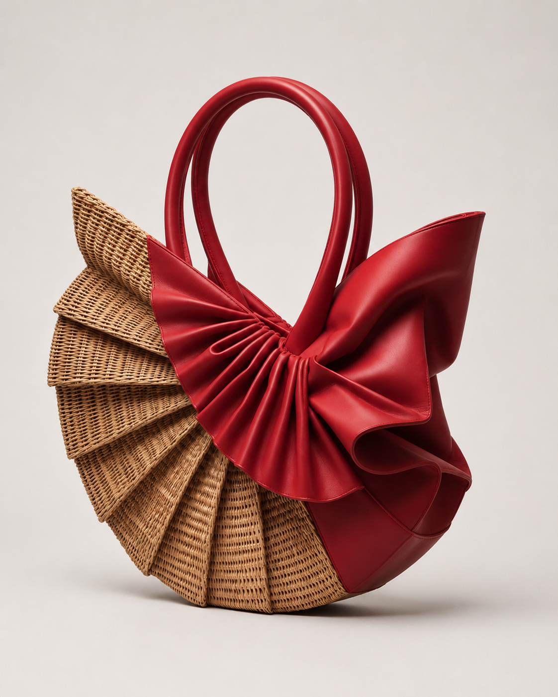 Fan Sculpted Straw Tote Bag with Pleated Scarlet Leather Accent