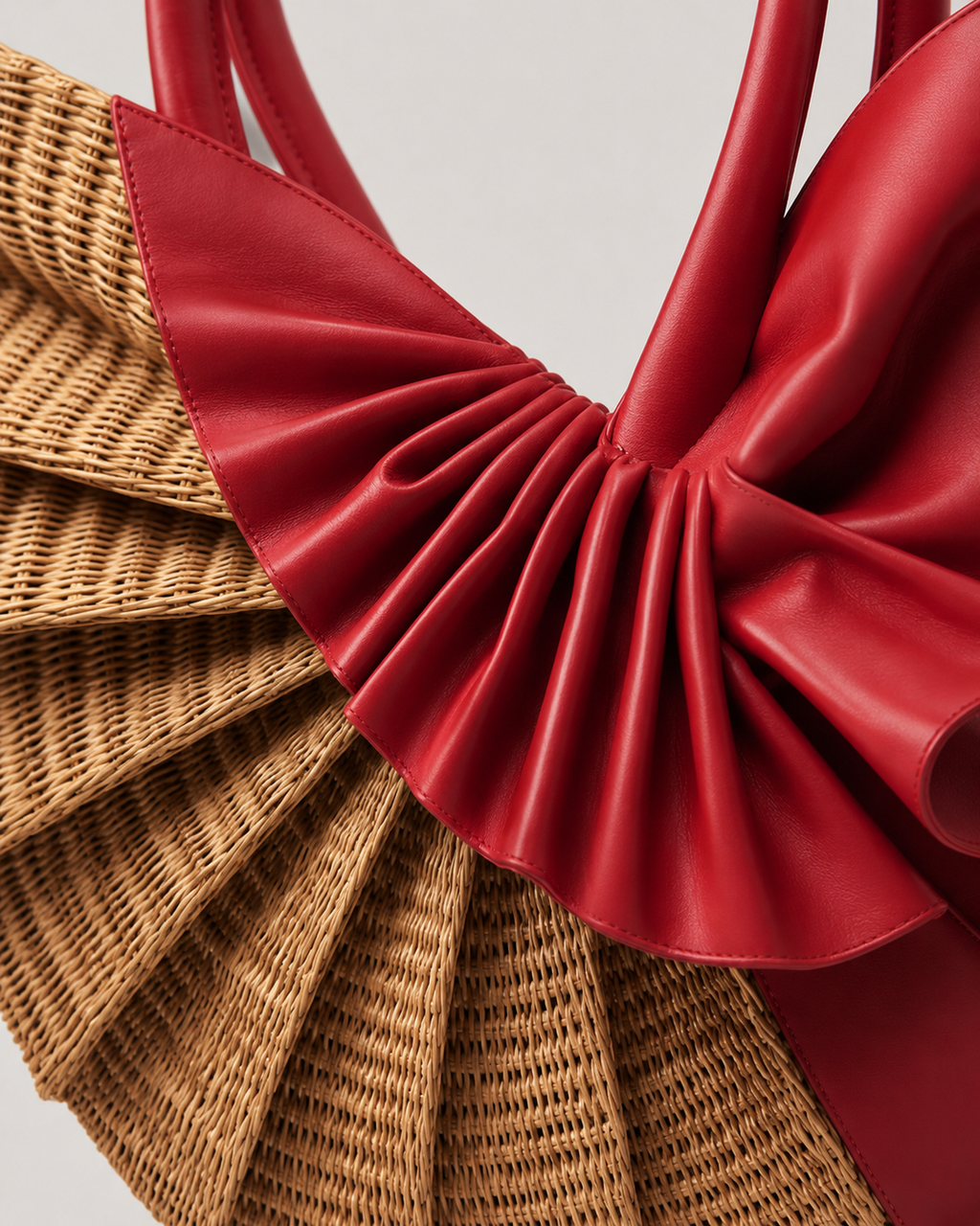 Fan Sculpted Straw Tote Bag with Pleated Scarlet Leather Accent