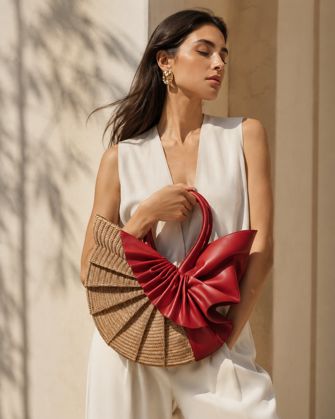 Fan Sculpted Straw Tote Bag with Pleated Scarlet Leather Accent