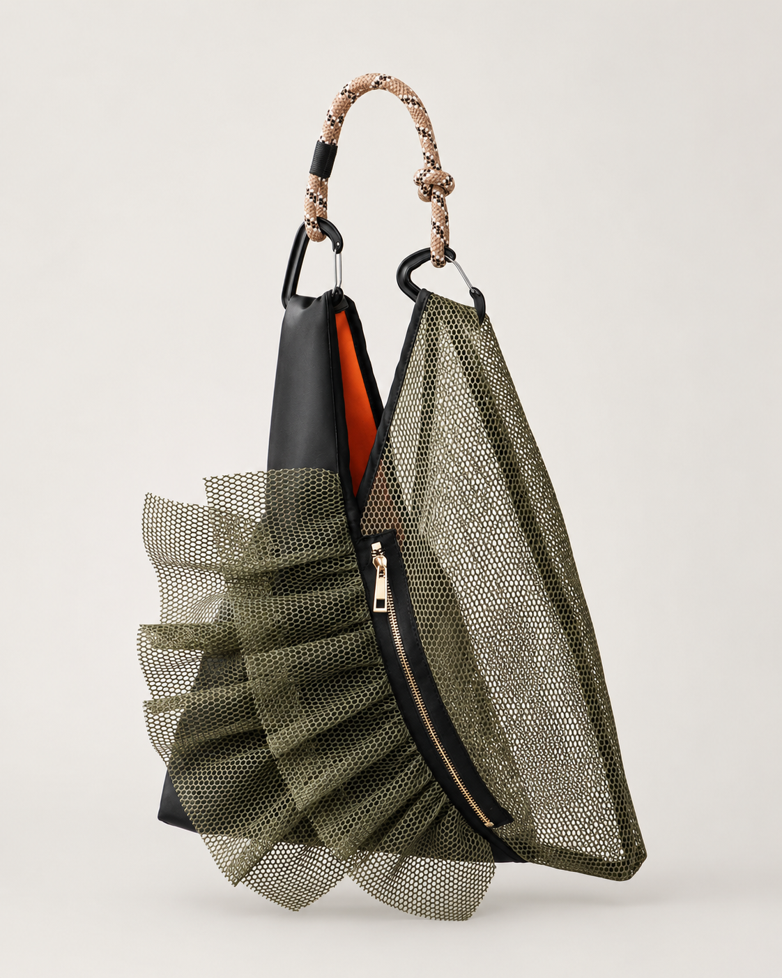 Avant-Garde Deconstructed Mesh Hobo Bag in Khaki & Matte Black