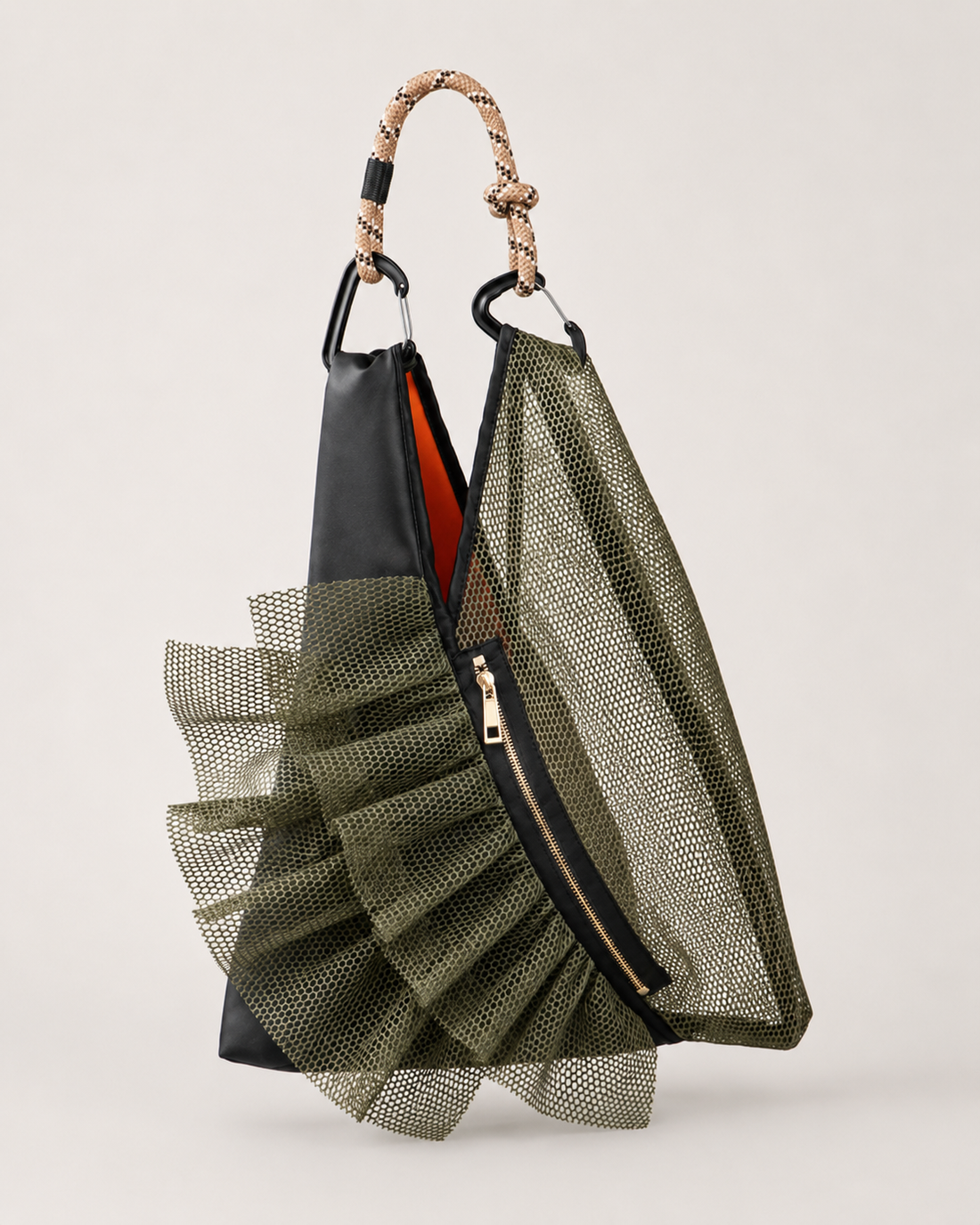 Avant-Garde Deconstructed Mesh Hobo Bag in Khaki & Matte Black