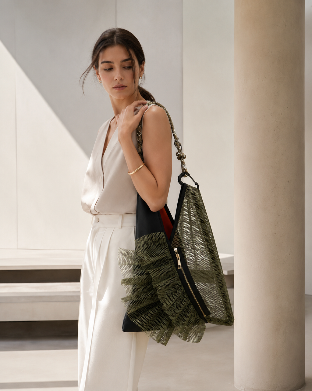Avant-Garde Deconstructed Mesh Hobo Bag in Khaki & Matte Black
