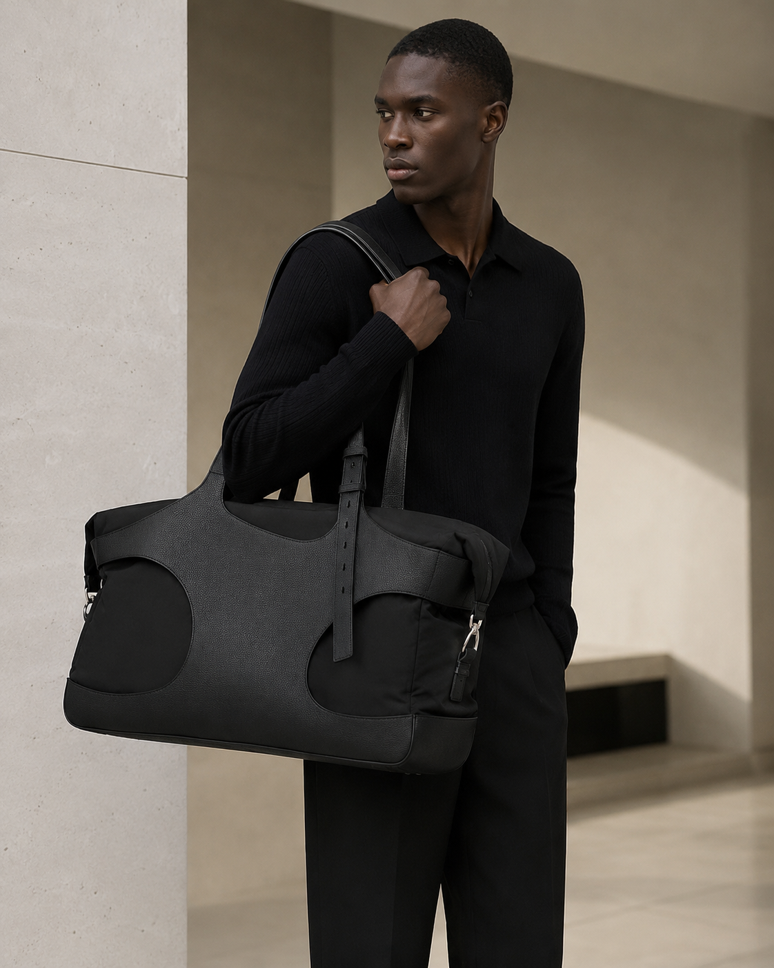 Minimalist Technical Weekend Bag in Matte Black Nylon & Graines Leather