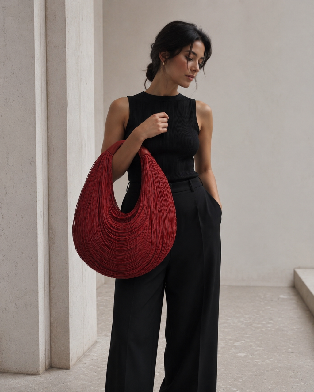 Avant-Garde Fluid Fringe Hobo Bag in Crimson Crimson Leather