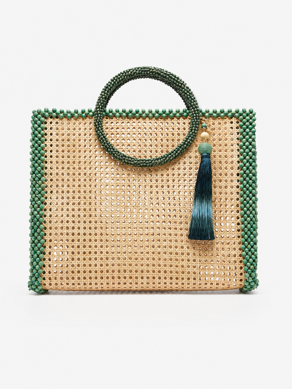 Editorial Rattan Cannage Tote Bag with Malachite Green Beaded Trim & Silk Tassel
