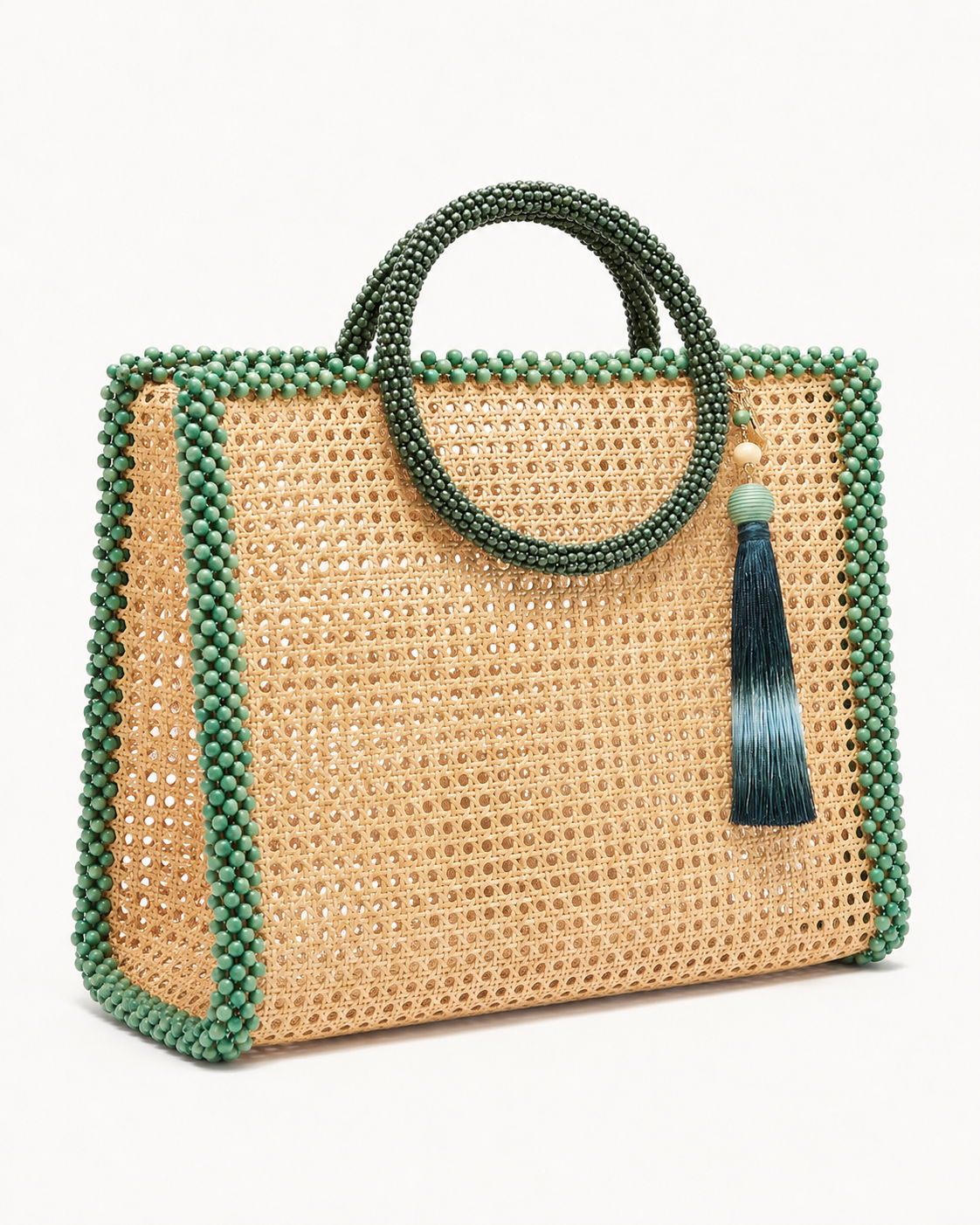 Editorial Rattan Cannage Tote Bag with Malachite Green Beaded Trim & Silk Tassel
