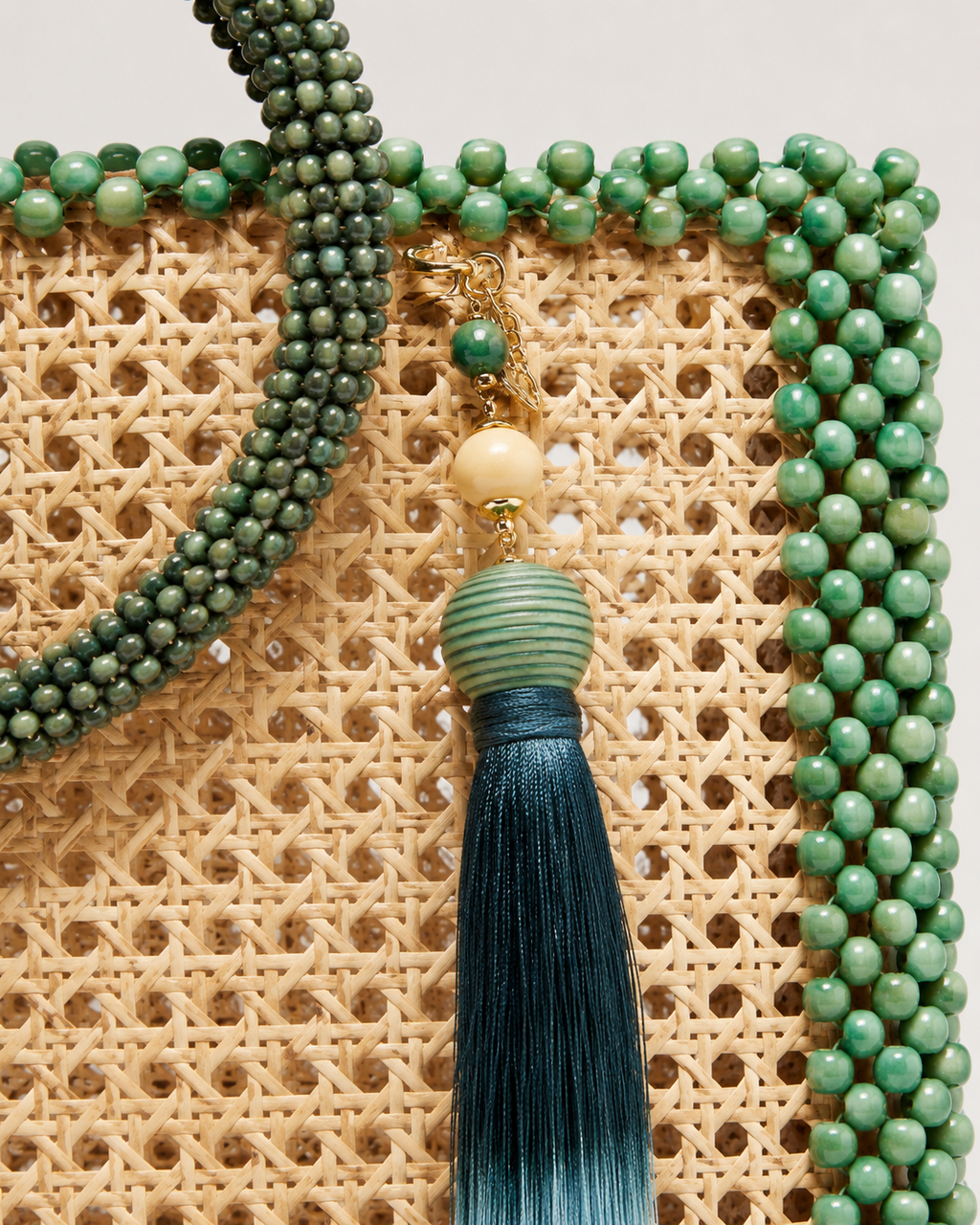 Editorial Rattan Cannage Tote Bag with Malachite Green Beaded Trim & Silk Tassel