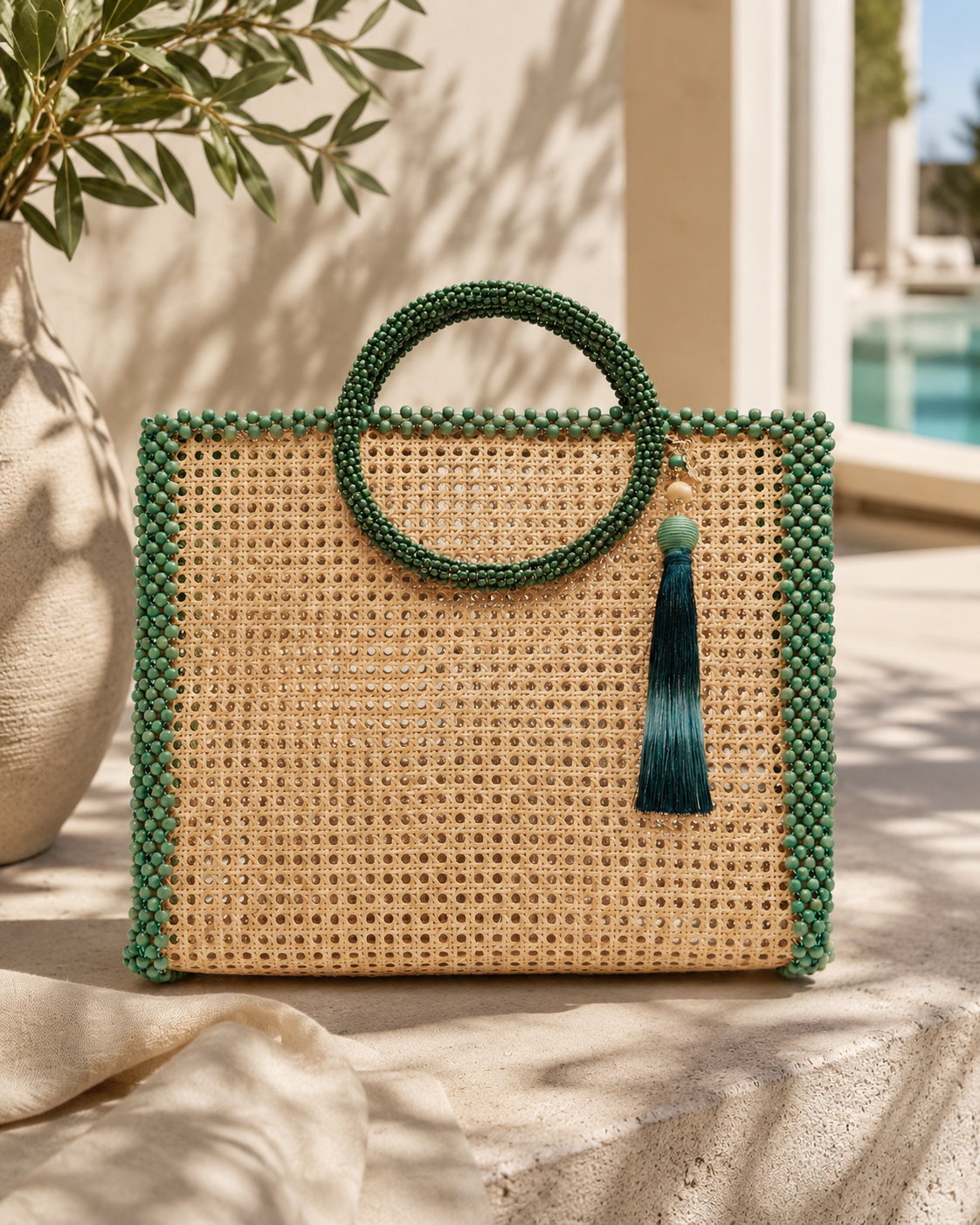 Editorial Rattan Cannage Tote Bag with Malachite Green Beaded Trim & Silk Tassel
