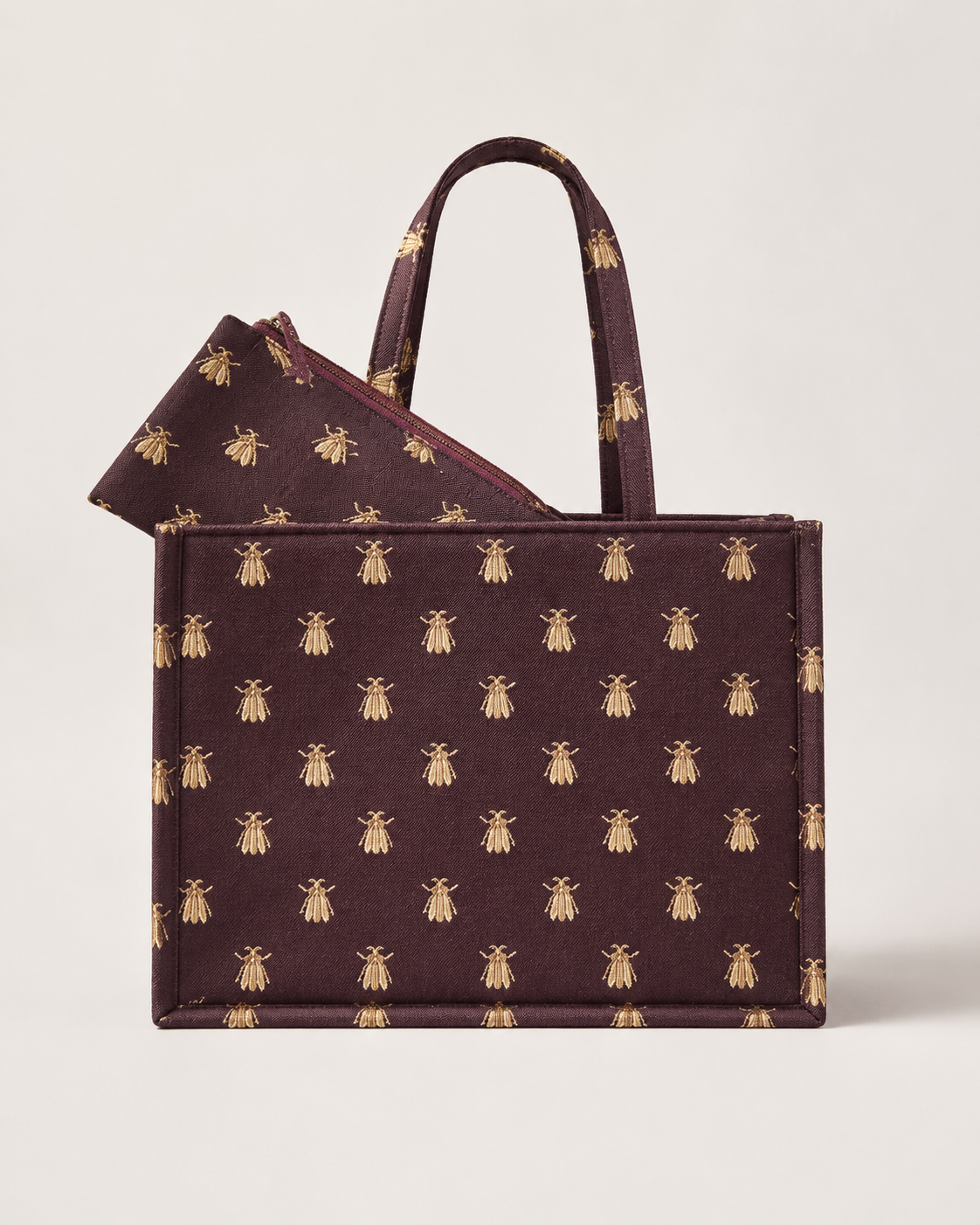 Structured Jacquard Tote Bag Set with Gold Bee Motif in Deep Burgundy