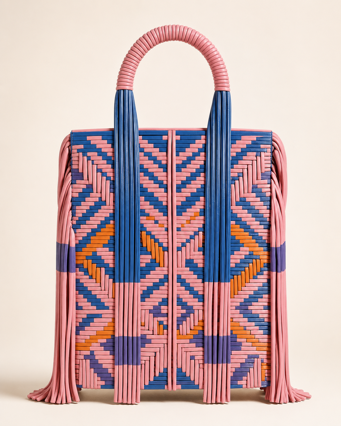 Avant-Garde Geometric Interwoven Leather Totem Tote Bag with Architectural Fringe